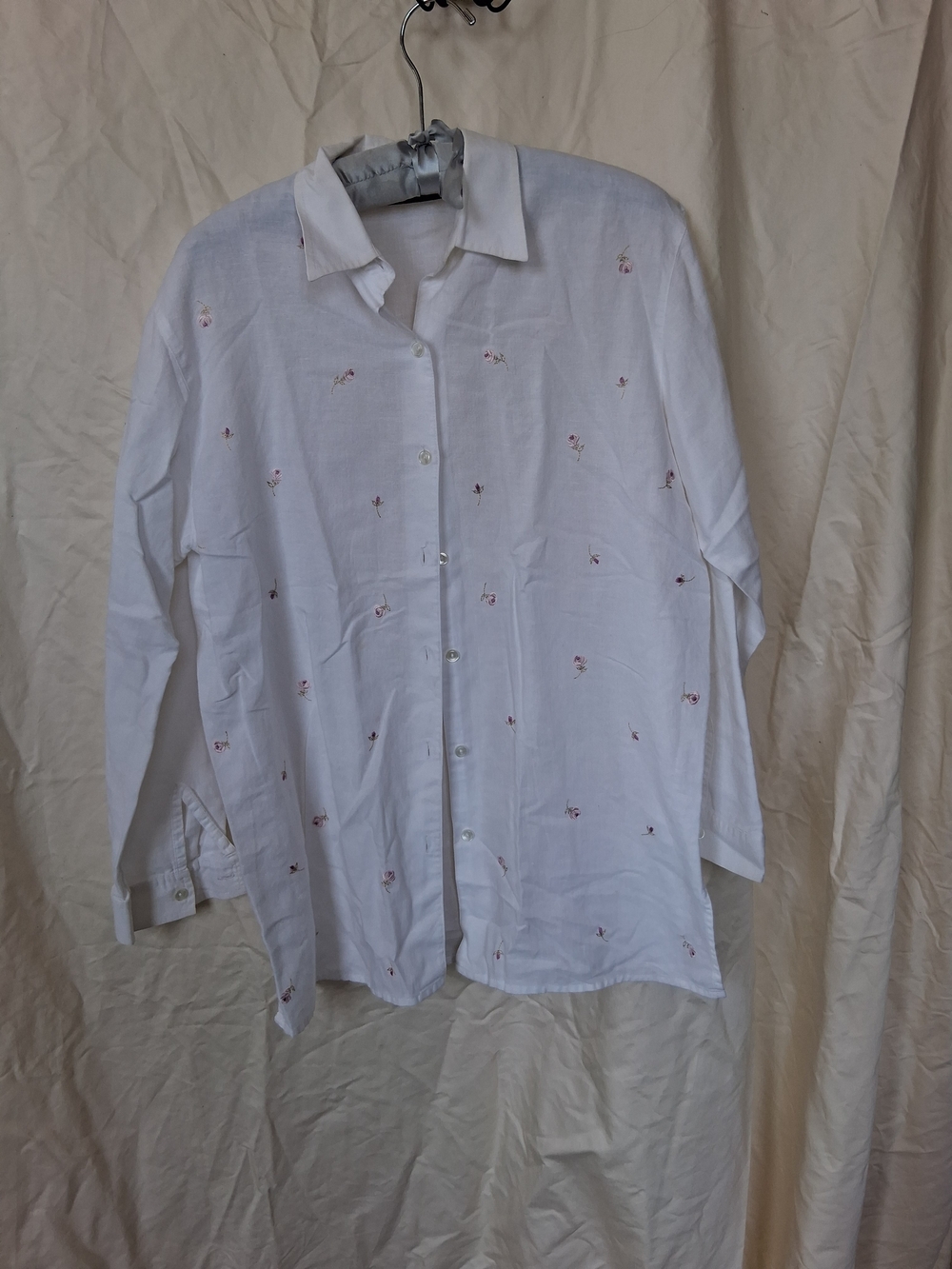 White Button-Up Shirt with Small Pink Floral Embroidery